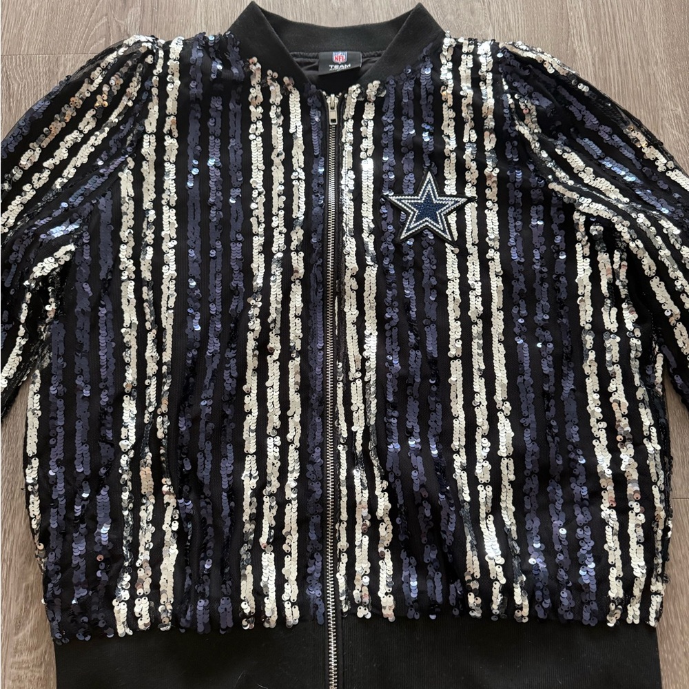 NFL Dallas Cowboys Navy & Silver Sequin Varsity Jacket - Picture 5 of 9